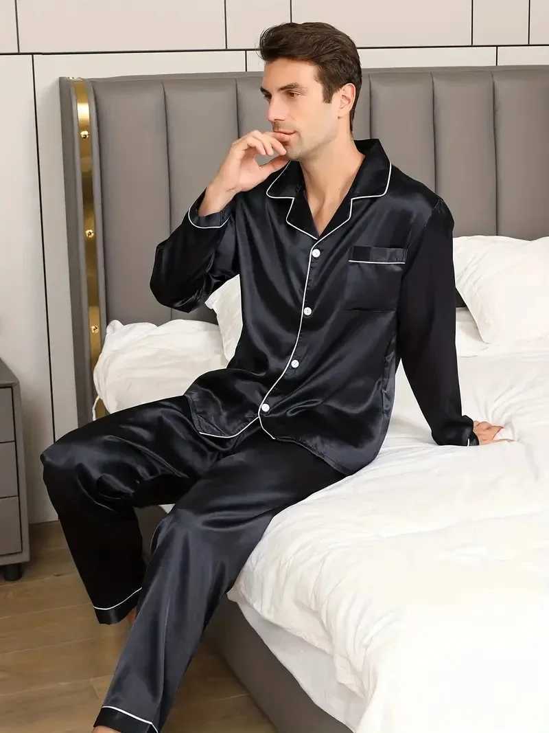 New Men Pajama Sets Spring Silk Satin Solid Color Mens Pajamas Big size Long Sleeve Pants Male Home Suit Sleepwear for Sleeping Y240913