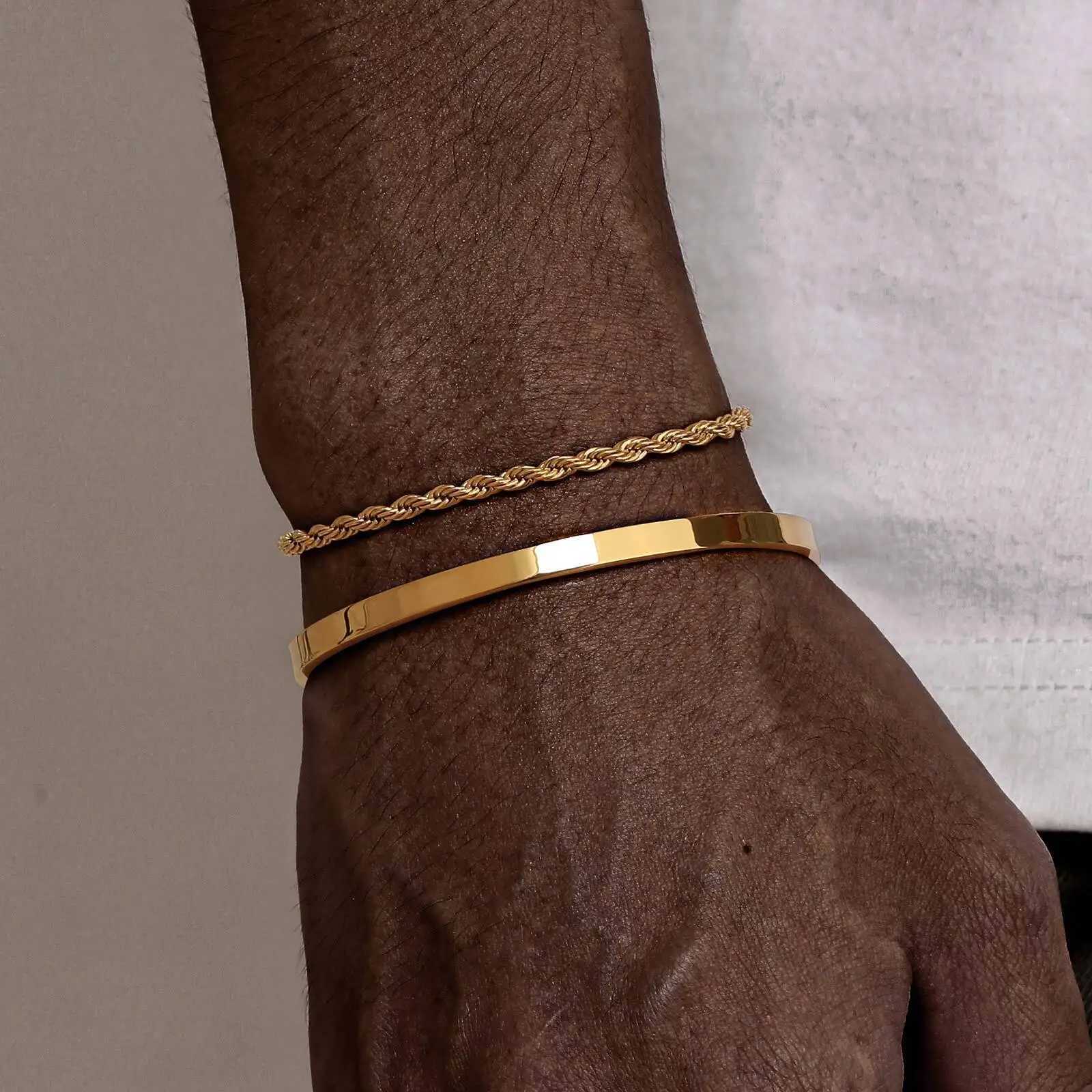 Vnox 2pcs Stackable Bracelets for Men Teens Open Cuff Bangle Twisted Rope Figaro Chain Cuban Link Chain Bracelets SetX240913