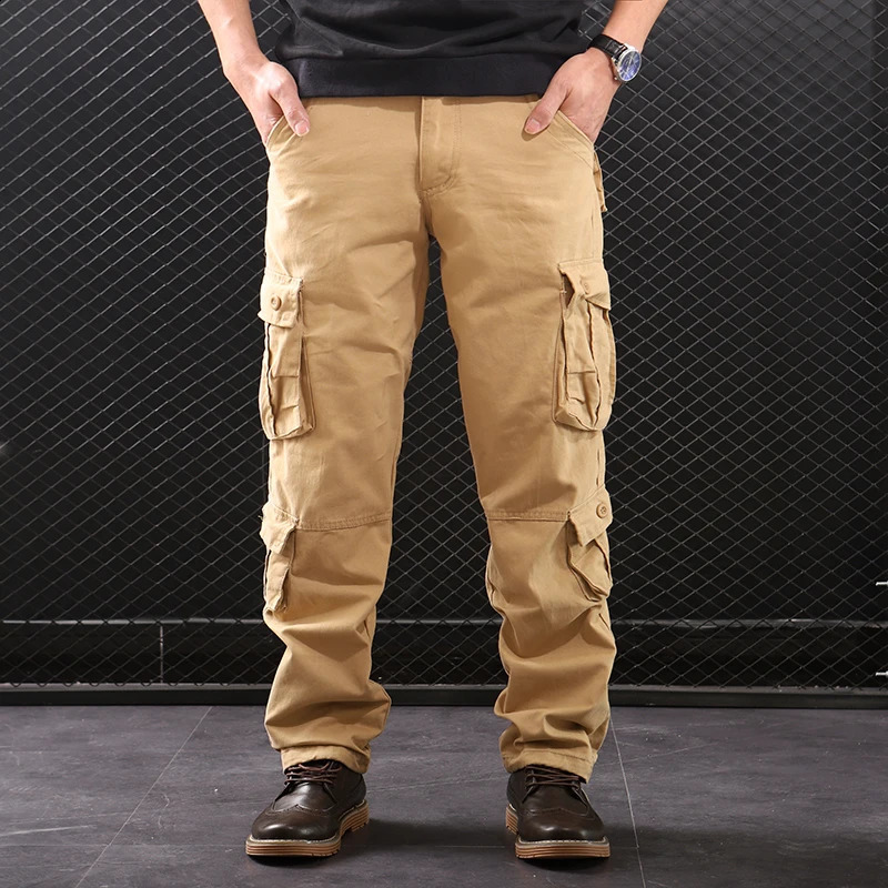 Mens Cargo Pants Tactical Multi-Pocket Cotton Overalls Combat Loose Slacks Long Trousers Man Straight Work Pants Clothing 240912