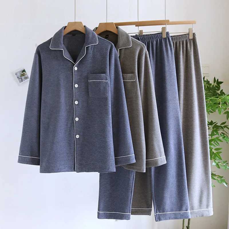 2024 Winter Men Pajamas Japanese style Sleepwear 2 Piece Set Nightwear Simple Solid color thick pajamas Suit Pijama Loungewear Y240913