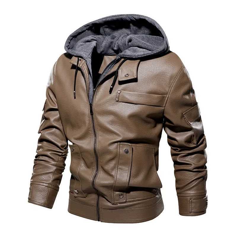 Male Brown Winter PU Leather Coat Long Sleeve Loose Hooded Khaki Zipper Jacket Men Black Windbreaker Plus Size Outerwear XxxlX240913