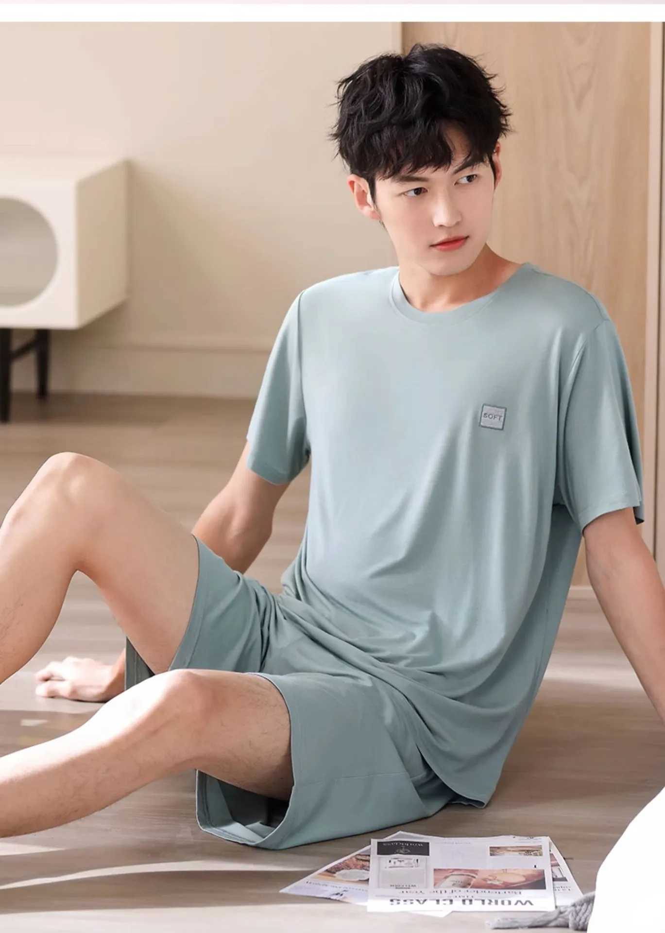 Mens Three-Piece Pajamas Summer Thin Modal Homewear Short-Sleeved Shorts Trousers Ice Silk Cool Feeling Pajamas Homewear Set Y240913
