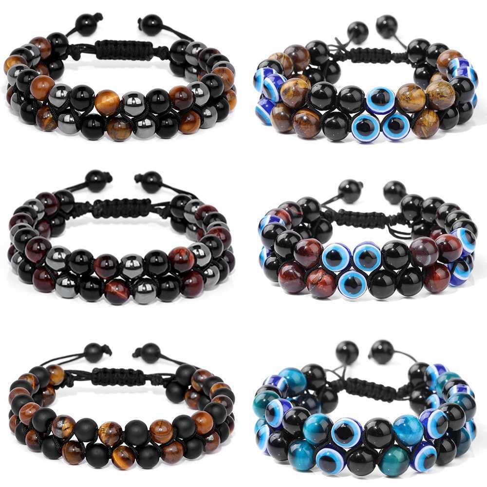 Mens triple protection stone bead bracelet double-layer tiger eye hematite obsidian rope packaging bracelet handmade jewelry gift W240913