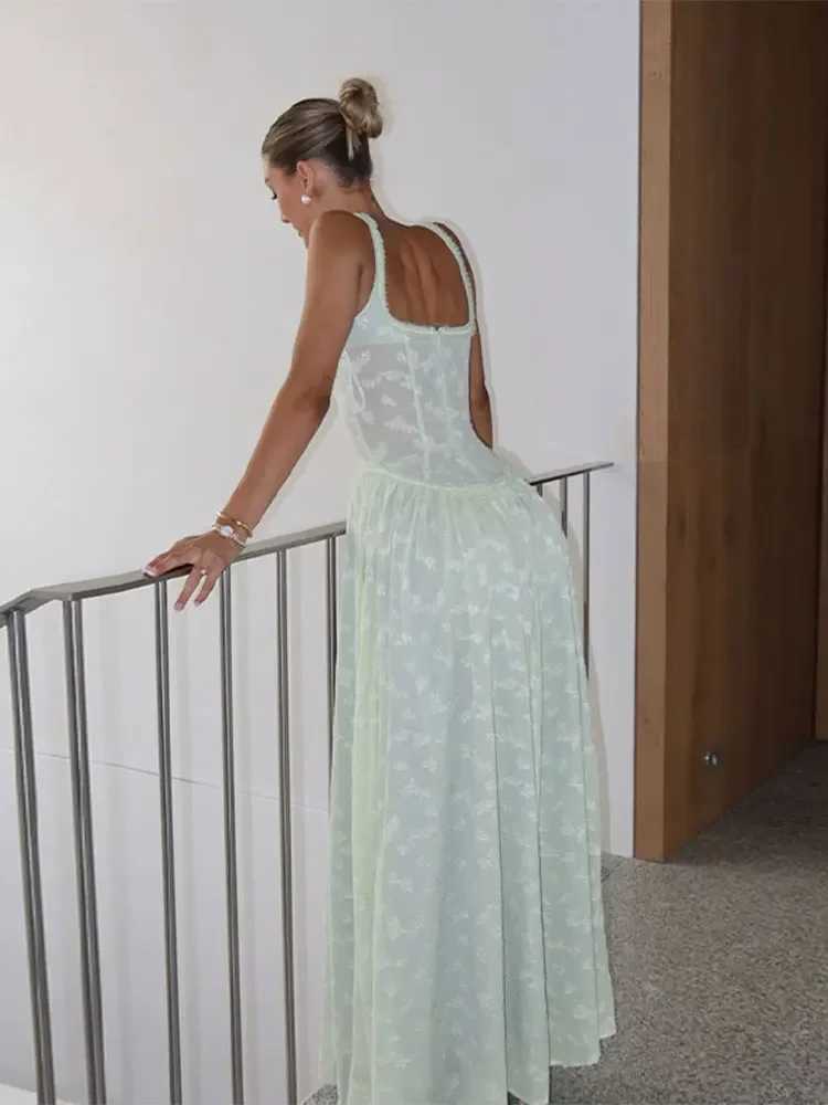 Flower Printed Slim A-line Sling Green Dress Fashion Square Neck High Split Long Dresses 2024 Elegant Chic Evening Wedding RobesX240912