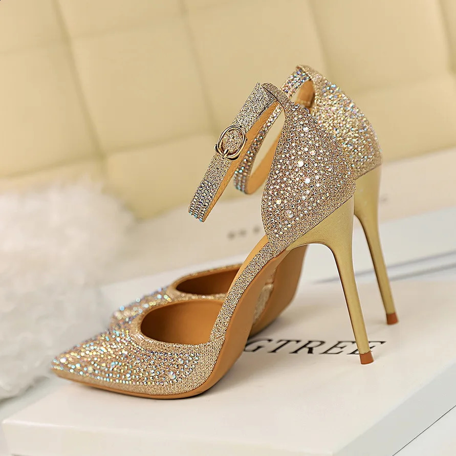 Sexy Women 10cm High Heels Sandals Wedding Glitter Bridal Heels Champagne Gold Pumps Fetish Stiletto Crystal Glitter Strap Shoes 240910