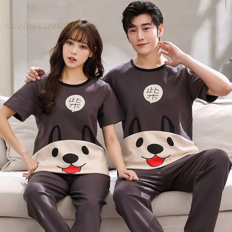 Summer Big 4XL Couple Pijama Knited Cotton Matching Pajamas Sets Long Pant Sleepwear Pyjamas Night Suits Pijamas Size Homewear Y240913
