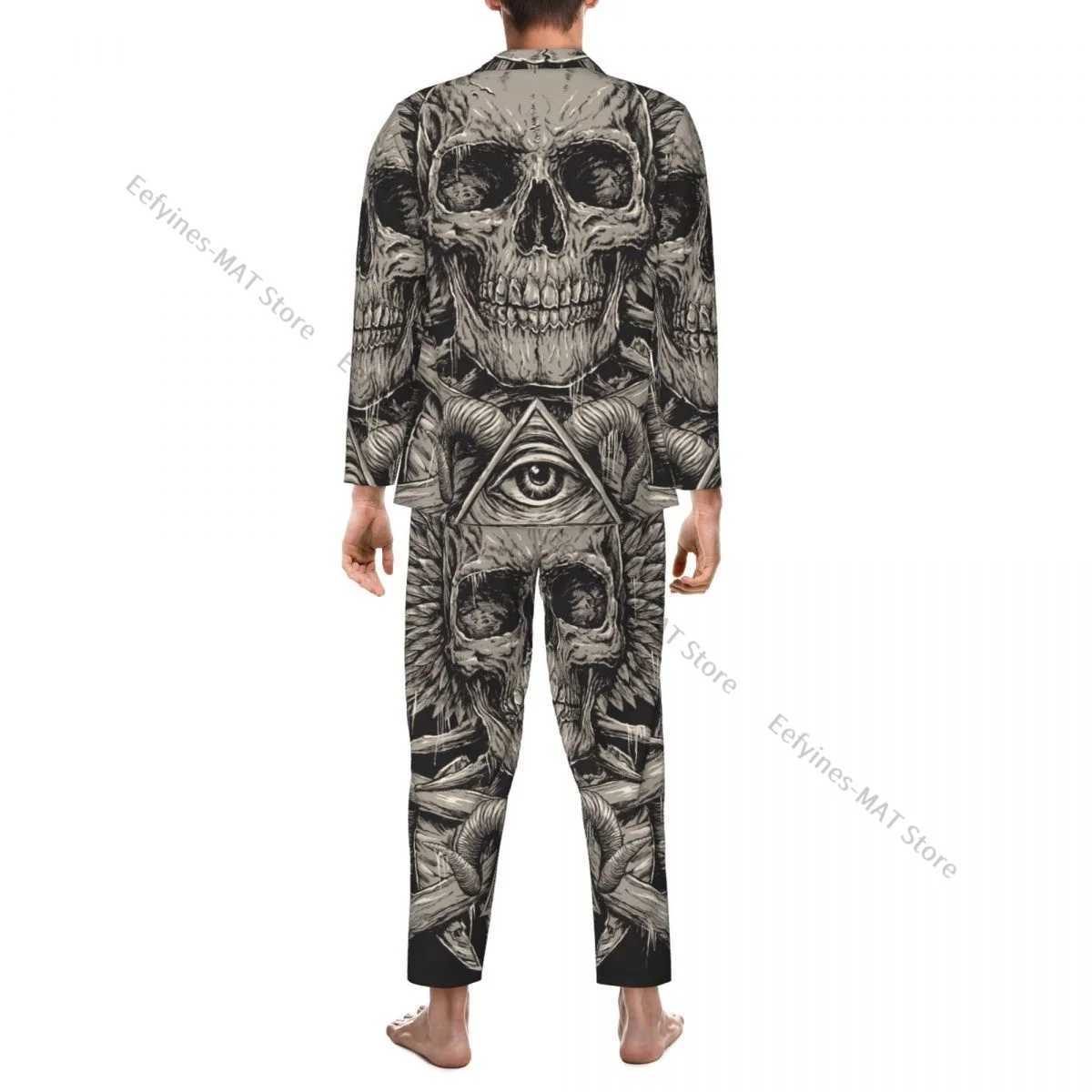 Mens Pajamas Sets Home Suits Heavy Metal Inspired Skull Sleepwear Loose Homewear Long-sleeved Casual Sets Y240913
