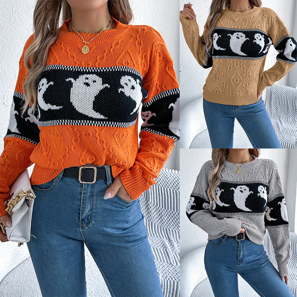 dongdumaoyi New autumn and winter women's Halloween themed ghost contrasting knitted sweater top with lazy style loose sweater for women F0913#58