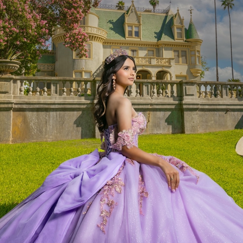 Lilac Quinceanera Ball Gown Shiny 3D ral Applique Bow Beading Tiered Tull Corset Sweet 16 Dress Vestidos De XV 15 Anos