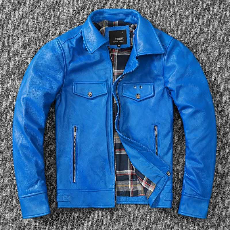 Free shipping.fashion brand men leather jacket.blue slim cowhide leather garments.dropship cheap leather clothes.Plus sizeX240913