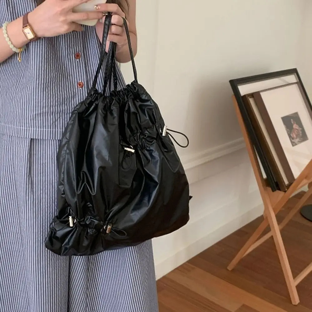 Cute Korean drawstring backpack commuting folding nylon Ruched backpack large capacity niche silver shoulder bag 240912