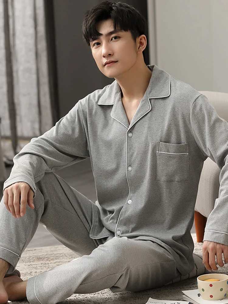 Blue Cotton Pajamas Winter Men Sleepwear Nightwear Full Sleeves PJ Pijama Hombre Home Clothes 2 Pieces Set Cotton Pyjama Homme Y240913