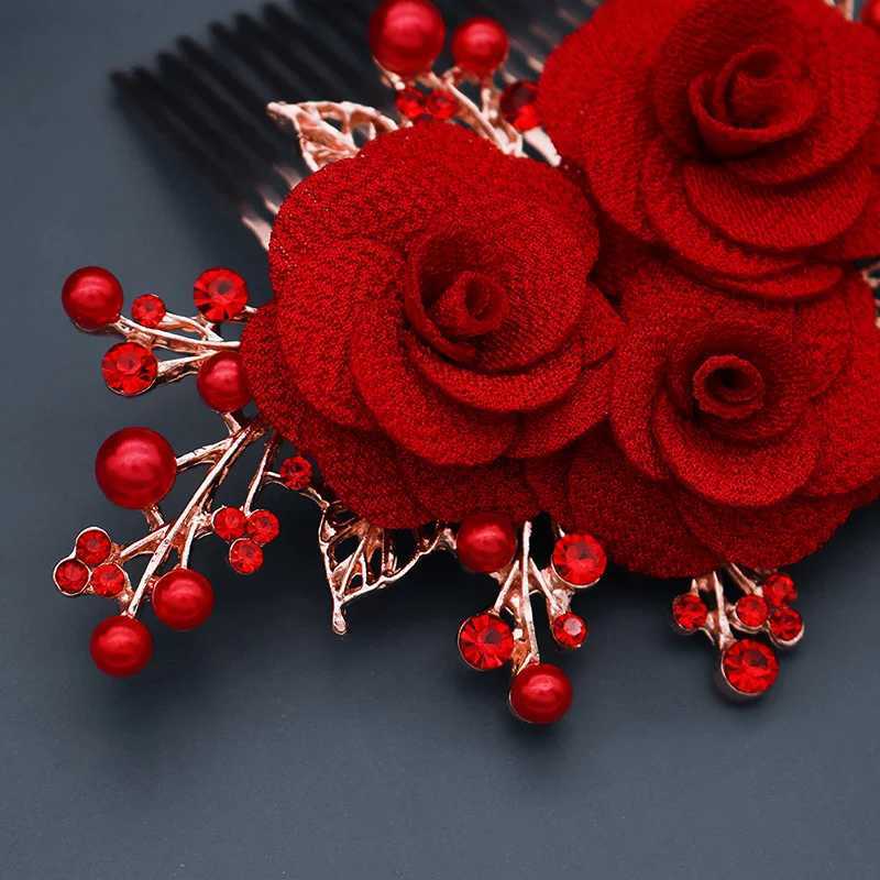 Red Rose Flower Crystal Bridal Hair Comb Wedding Hair Accessories Hairpin New Year Gift For FriendX240913