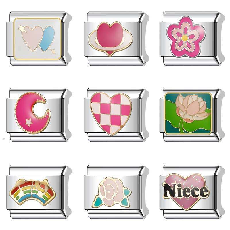 New Women's Gift beautiful flower rainbow sweet heart Bead Italian Charms Links Bangle Beads Fit 9mm Stainless Steel Bracelet Making DIY For Wome