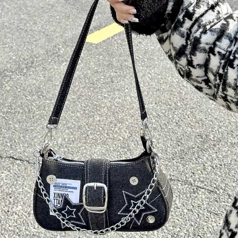 Y2k Fashion Women s Handbags Stars Pattern Cool Girls Underarm Bag Canvas Female Small Shoulder Bags Chain Tote Purses 240913