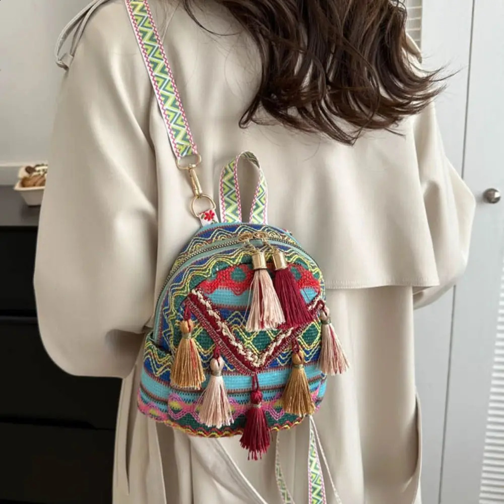 Embroidery ethnic style tassel backpack striped elementary school bag canvas tassel shoulder bag Korean style large capacity 240912