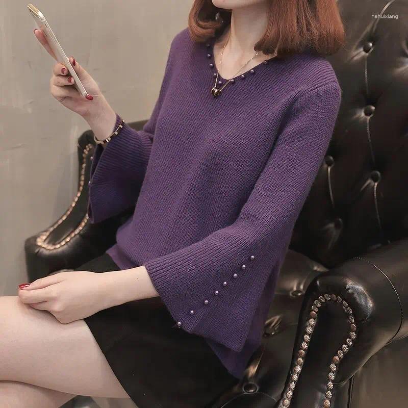 Women's Sweaters Vintage V-Neck Stylish Beading Female Clothing Flare Sleeve Autumn Winter All-match Solid Color Casual Knitted Jumpers