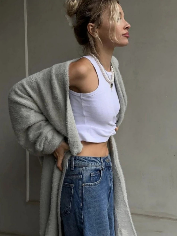 Oversize Long Cardigan for Women Autumn Sleeve Womens Sweater Vintage Solid Loose Knitted Female Fluffy 240904