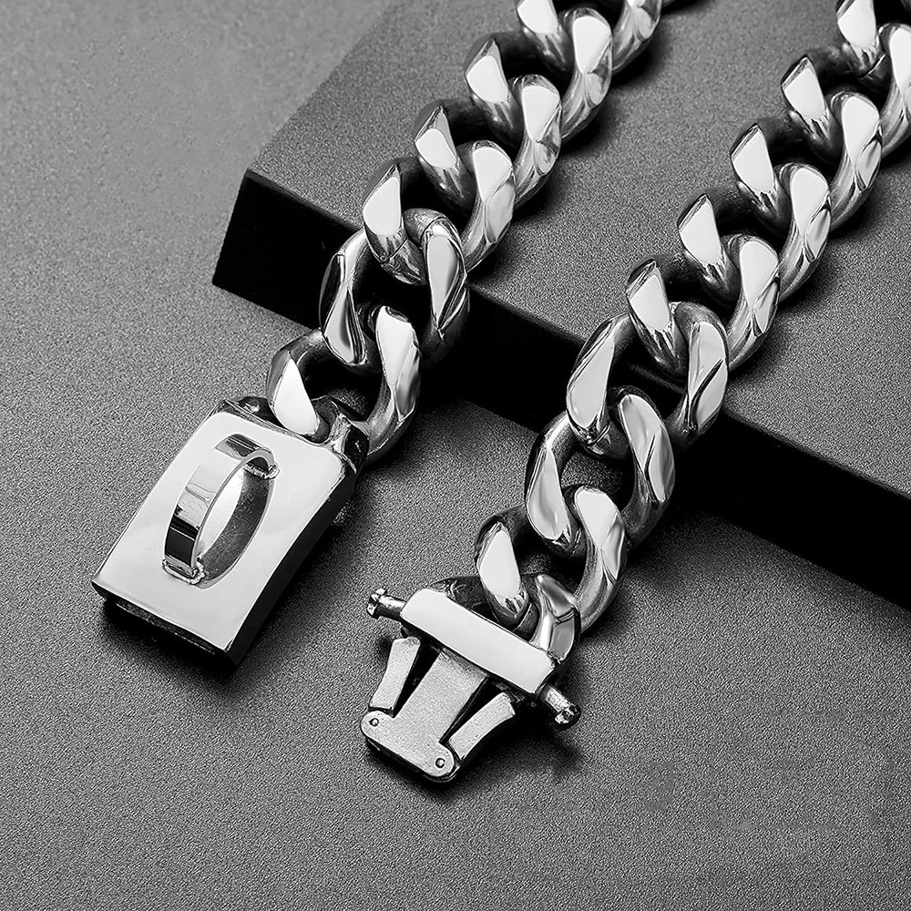 Big Dog Chain Collar with Buckle Strong Heavy Duty 19MM Thick Wide Stainless Steel Metal Cuban Link Chain Collar for Large Dogs