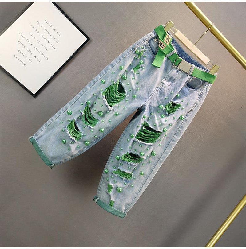 Color Beading Denim Harem Pants Women Summer Green Pearl High Waist Loose Oversized Fashion Trend All-matched Hole Jeans