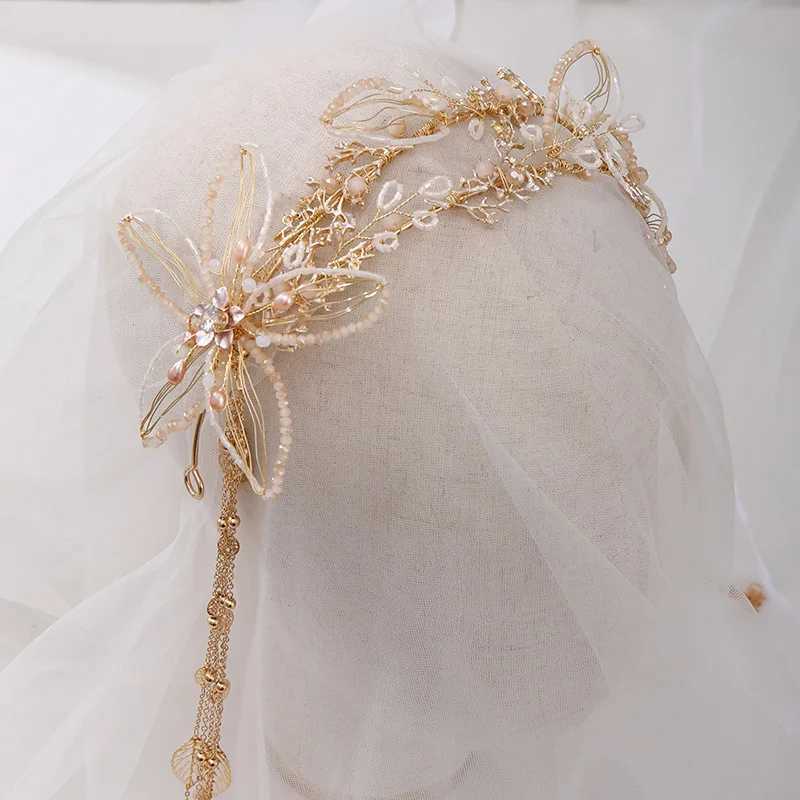 FORSEVEN Fairy Women Hair Hoop Flower Shape Hairband Fashion Long Tassel Pendant Headband Bride Wedding Hair Jewelry AccessoriesX240913