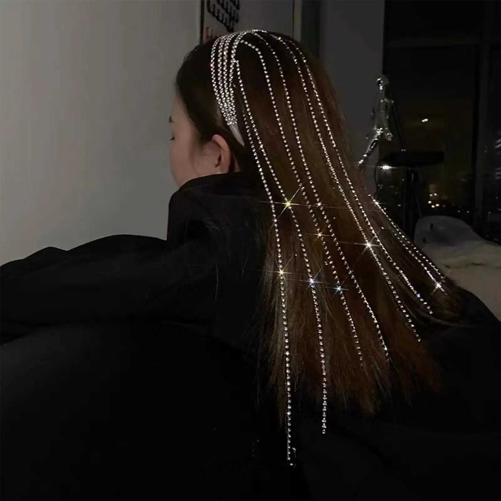 Full Rhinestone Long Tassel Headband For Women Multilayer Flashing Crystal Hairband Party Hair AccessoriesX240913