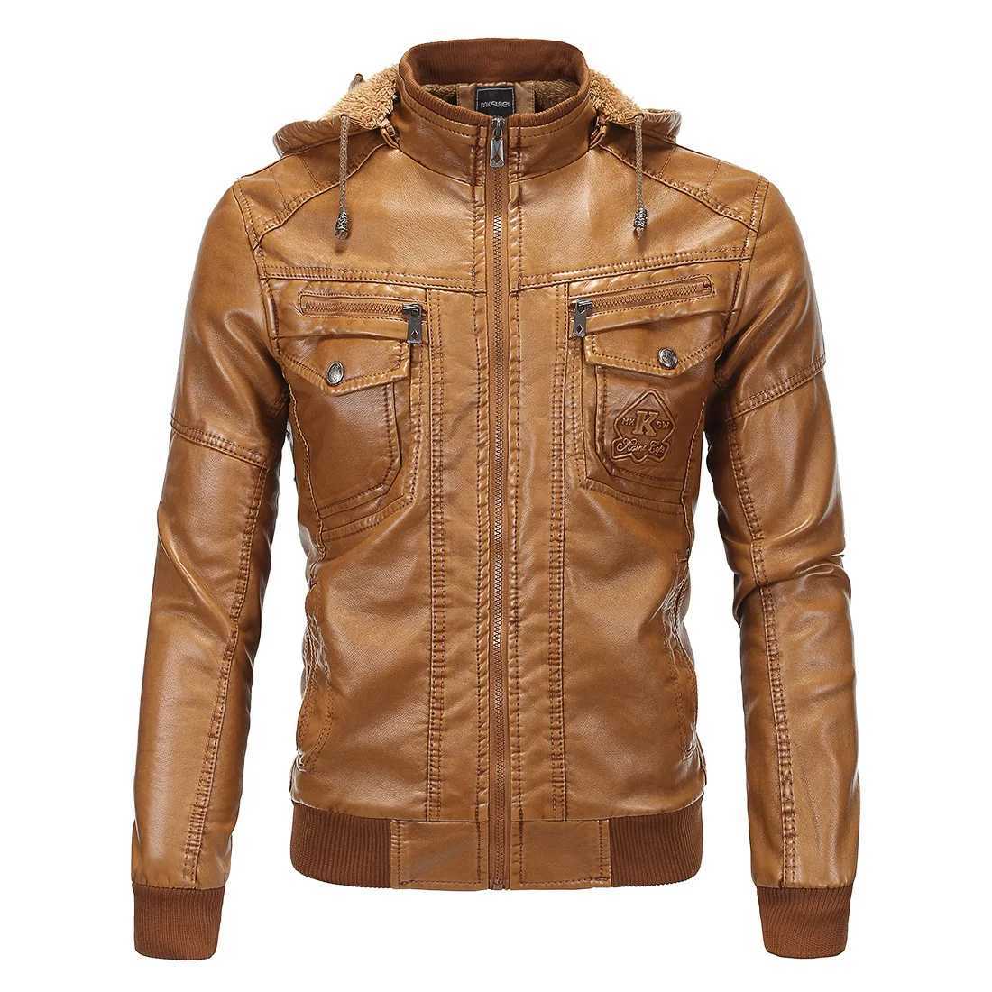 Mens Leather Jacket with Plush Insulation Classic Imitation Sheepskin Hood Business Casual Pu Sports Jacket Autumn and WinteX240913