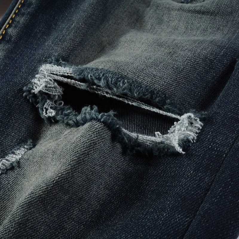 Classic Distressed Blue Holes Leather Ribs Patchwork High Quality Stretch Skinny No Brand Tags Ripped Jeans Men M240912