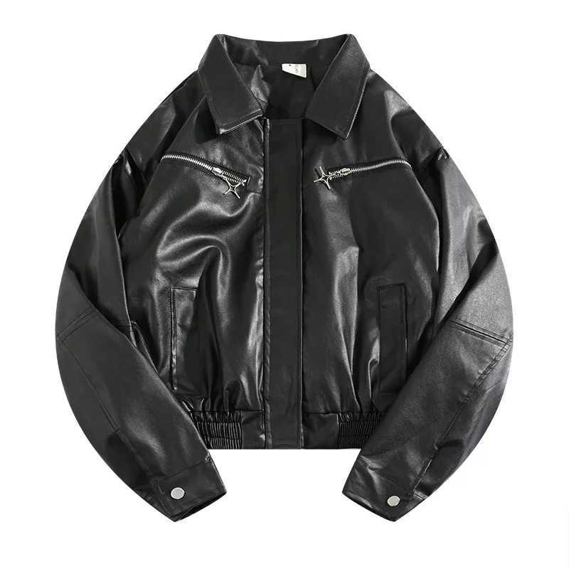 Mens Motorcycle Racing PU Leather Jacket Autumn Winter Hong Kong Style High Street Long Sleeve Loose Hip Hop Short Zipper CoatsX240913