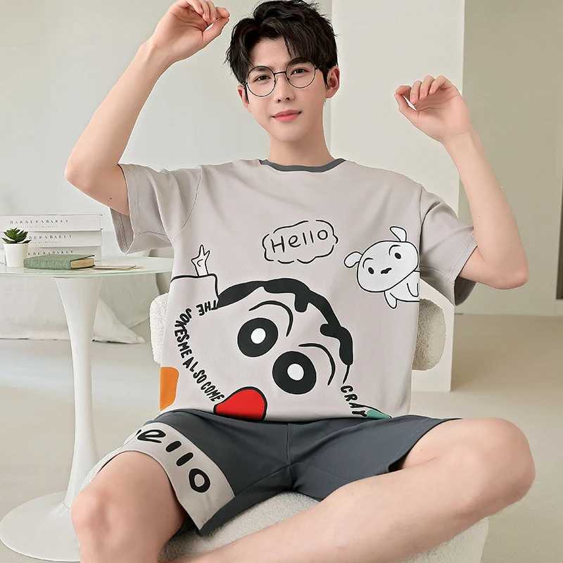 2024 Summer Mens Sleepwear Cotton Cartoon Pajamas Sets For Man Short Loungewear Young Home Wear Fasion Student Pyjama Set Homme Y240913