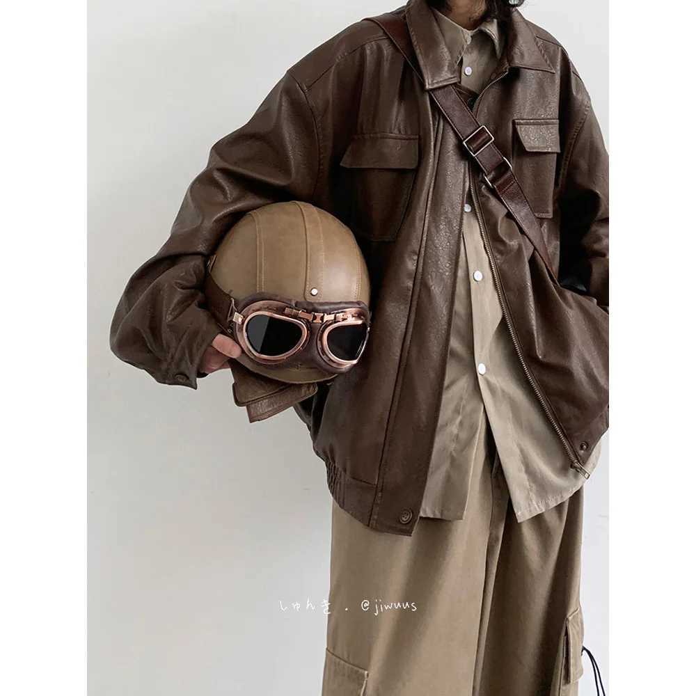 Autumn Winter Vintage Oversized Cool Brown Black Soft Pu Leather Jacket Men Pockets Loose Casual Unisex Clothes 2024X240913