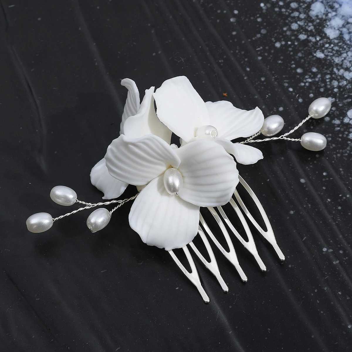 White Ceramics Flower Hair Combs Bride Wedding Hairpins Side Clips Pearl Headpiece Rhinestone Women Hair Jewelry AccessoriesX240913