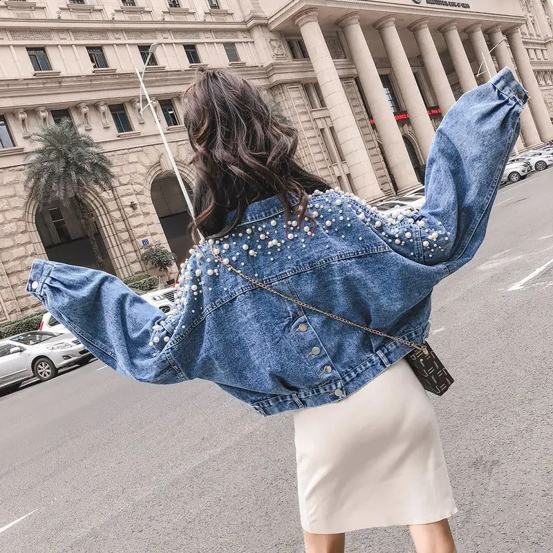 Retro denim jacket womens clothing autumn Korean fashion version polo neck short jacket beads loose casual jacket womens top 240906