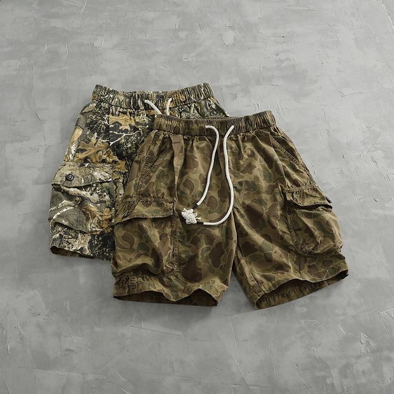 Retro German Speckle Camouflage Workwear Shorts Mens Loose Straight Summer Multi Pocket Casual Half Pants Y2k Youth Male 240911