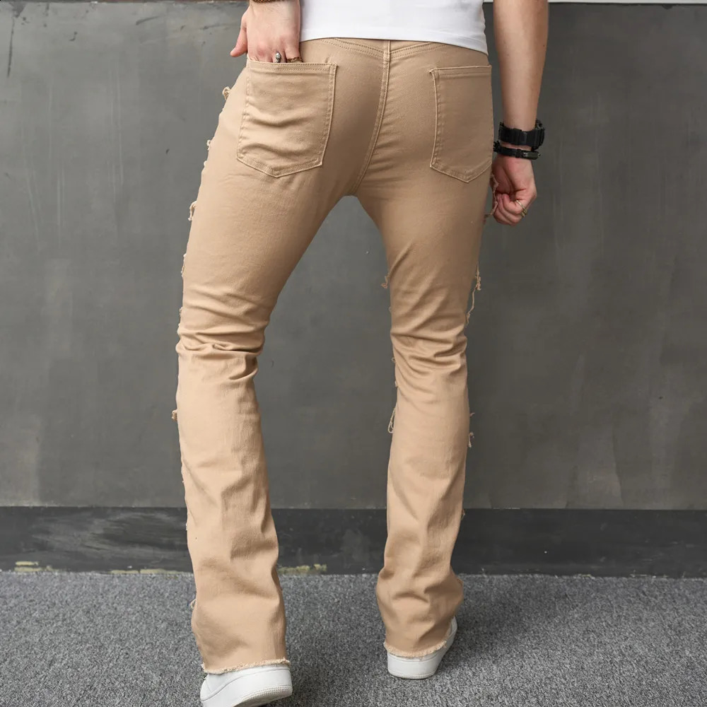 Stylish Men Vintage HipHop Stacked Spliced Distressed Slim Straight Jeans Pants Streetwear Male Ripped Biker Denim Trousers 240912