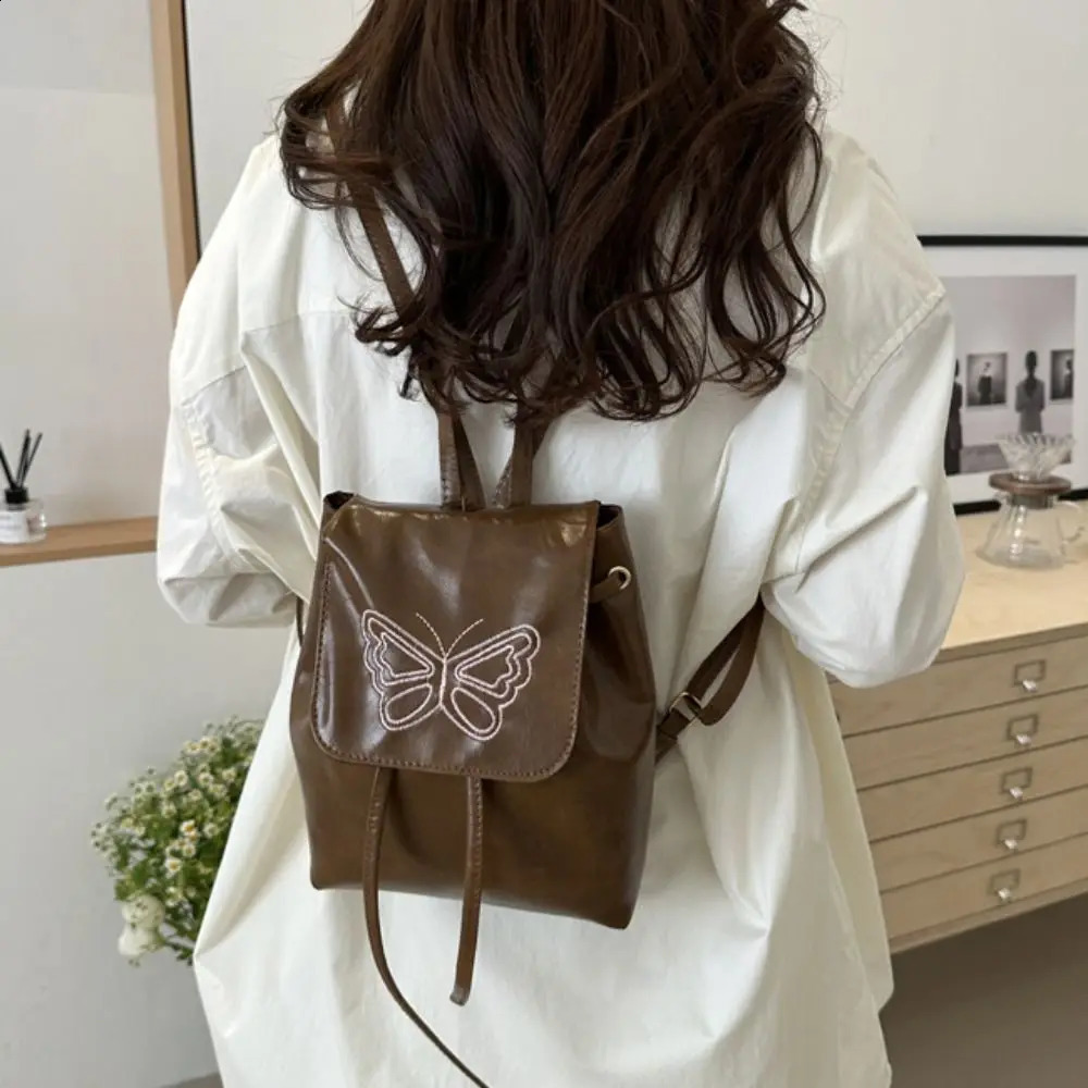 Large capacity Korean square backpack with butterfly pattern Pu leather backpack handbag solid color Y2k school backpack travel 240912