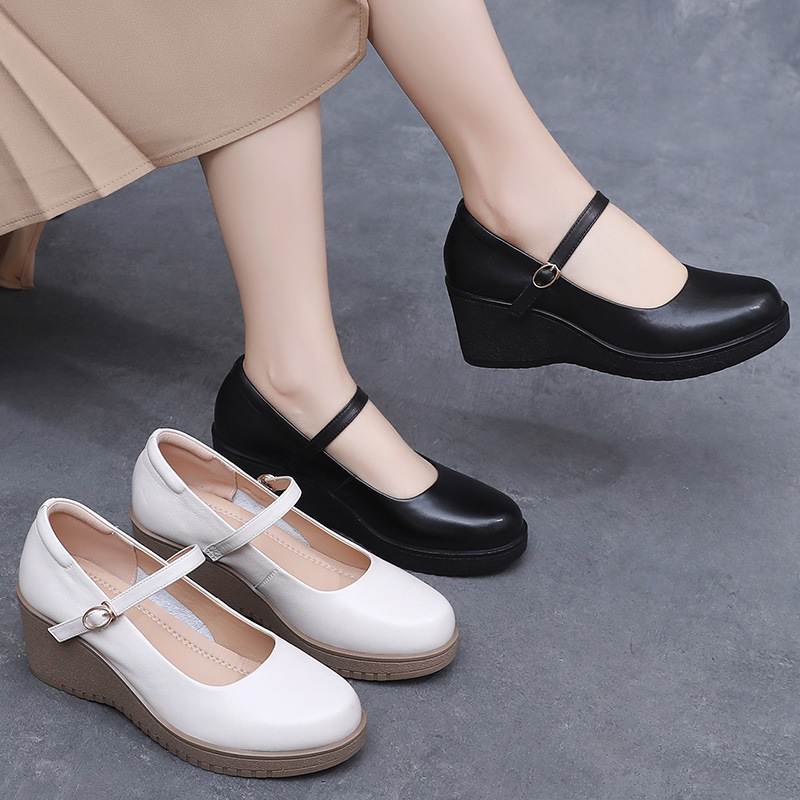 GKTINOO hot Fashion Ankle Strap Wedges Platform Genuine Leather Mary Janes Pumps For Women Casual Black Work Shoes High Heels