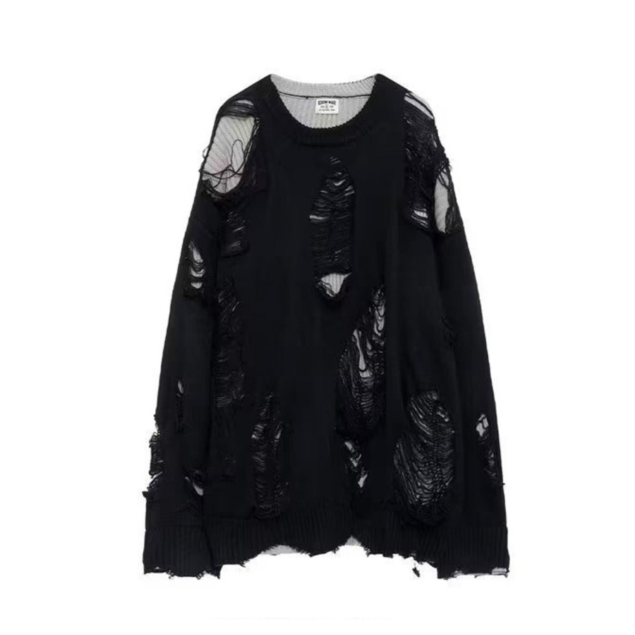 Halloween Men Sweaters Shabby style Fake two sweaters for men in winter thick and perforated trendy knitted sweater lazy style Mens crew neck sweater