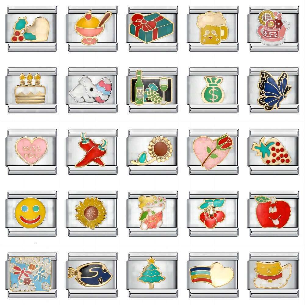 New Titanium Enamel Cartoon DIY Bead Bracelet Fashion Welding Pattern Strap Chain Italian Charm Links Stainless Steel Fit 9Mm Jewelry Making Gifts