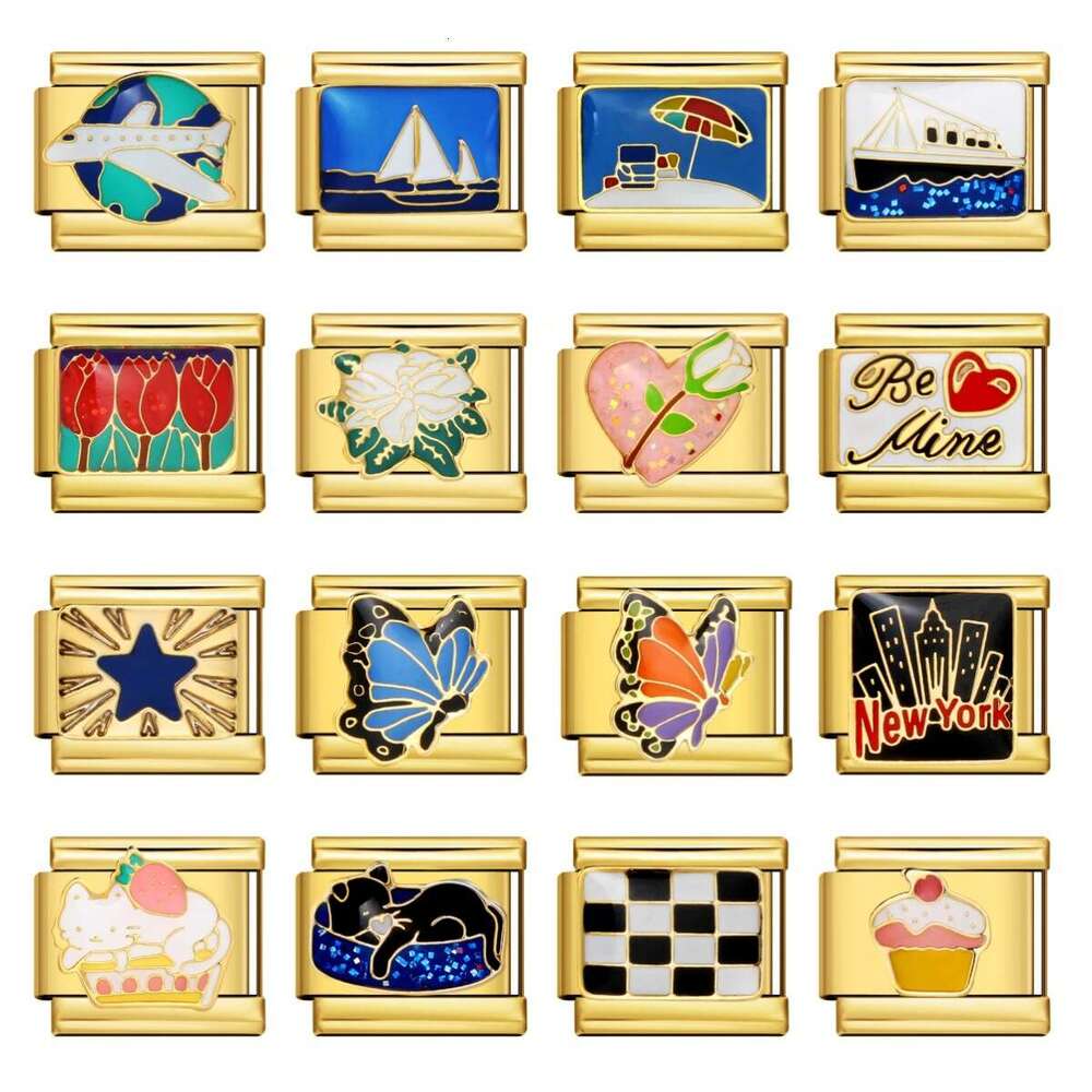 Gold Bottom Module Welding Enamel Titanium Steel Fashion DIY Italian Bracelet Italian Charm Links Stainless Steel Fit 9mm Bracelet Jewelry DIY Making 