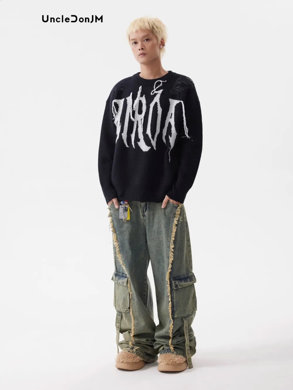 UNCLEDONJM Light Wash Colossus Fit Jeans Multi-pocket Stacked Jeans Distressed Men Jeans 240912