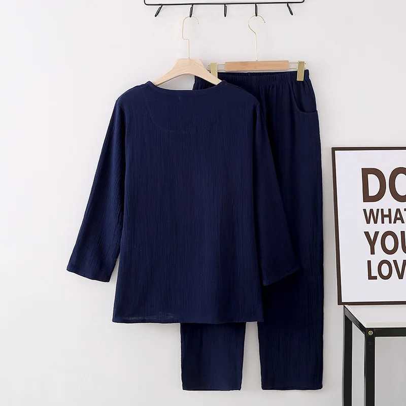 Cotton Crepe Round-neck Pajamas Suit Men Autumn Thin Gauze Plus Size Long-sleeved Trousers Korean Leisure Home Service Y240913