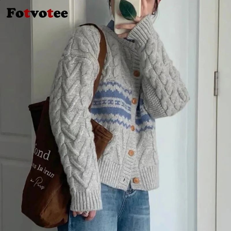 FOTVOTEE Sweater for Women Single Breasted ONeck Knitted Coat Autumn Stretch Fashion Long Sleeve Female Cardigans 240904
