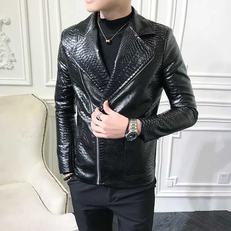 New Crocodile Patterns Leather Jacket mens solid lapel Slim Fit PU Coats Casual Blazer Leather Jacket Motorcycle OutwearX240913