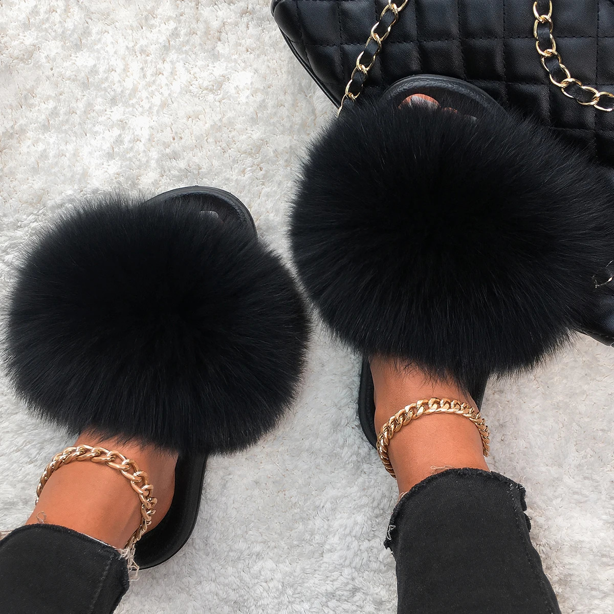 Ethel Anderson Genuine Fox Fur Slippers Slides Beauty Summer Fluffy Flip Flops Good Quality Cozy Raccoon Fur Sandals Shoes 240910