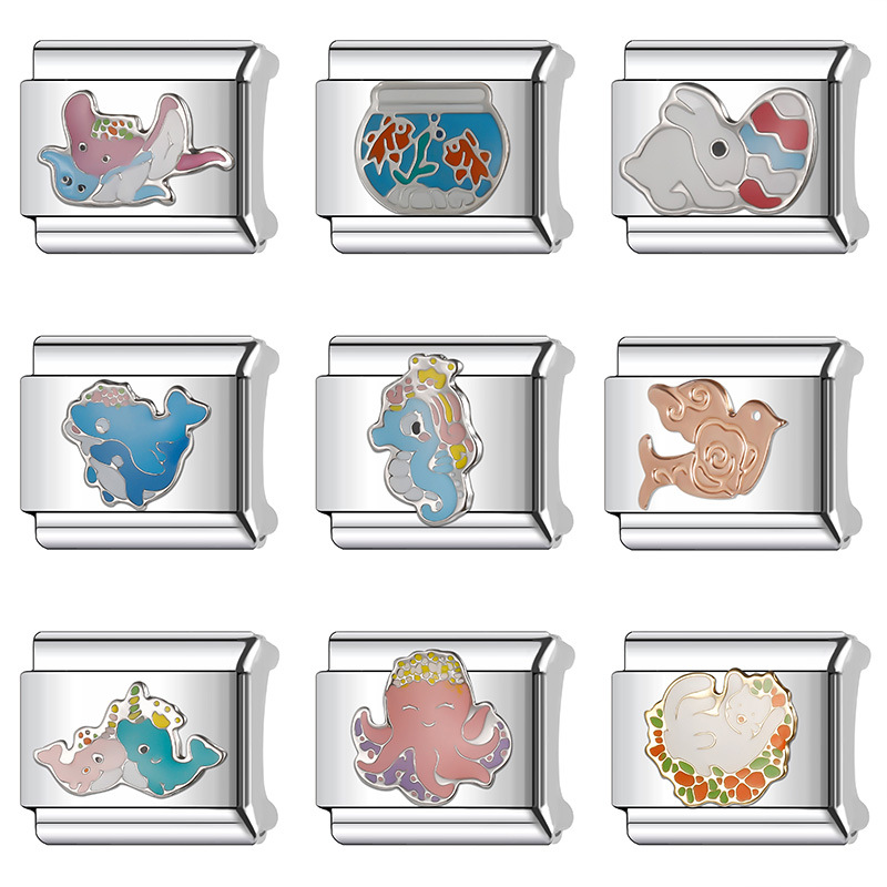 New Women's Gift Cute animals whales dolphins Bead Italian Charms Links Bangle Beads Fit 9mm Stainless Steel Bracelet Making DIY For Women Fashio