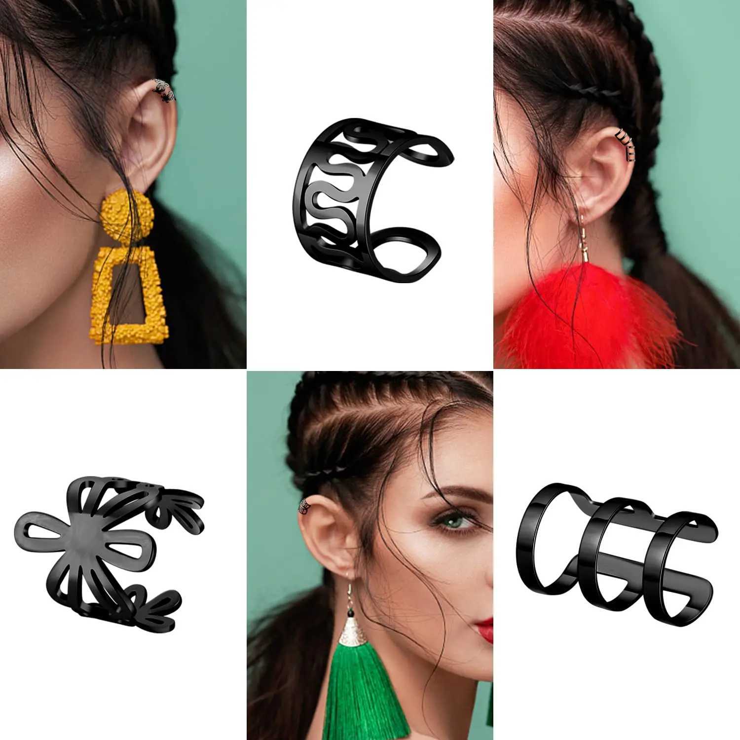 2-20Pcs Black Stainless Steel Adjustable Ear Cuff Wrap Clip On Earrings Fake Non Piercing Cartilage Helix Hoop Earrings SetX240913