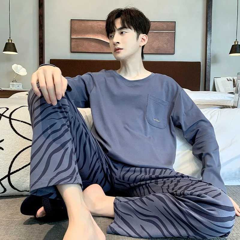 2024 100% Cotton Sleepwear for Men Long Sleeves Sleeping Top Pant Nightwear Young Boy Male Nightwear Striped Home Clothes Y240913