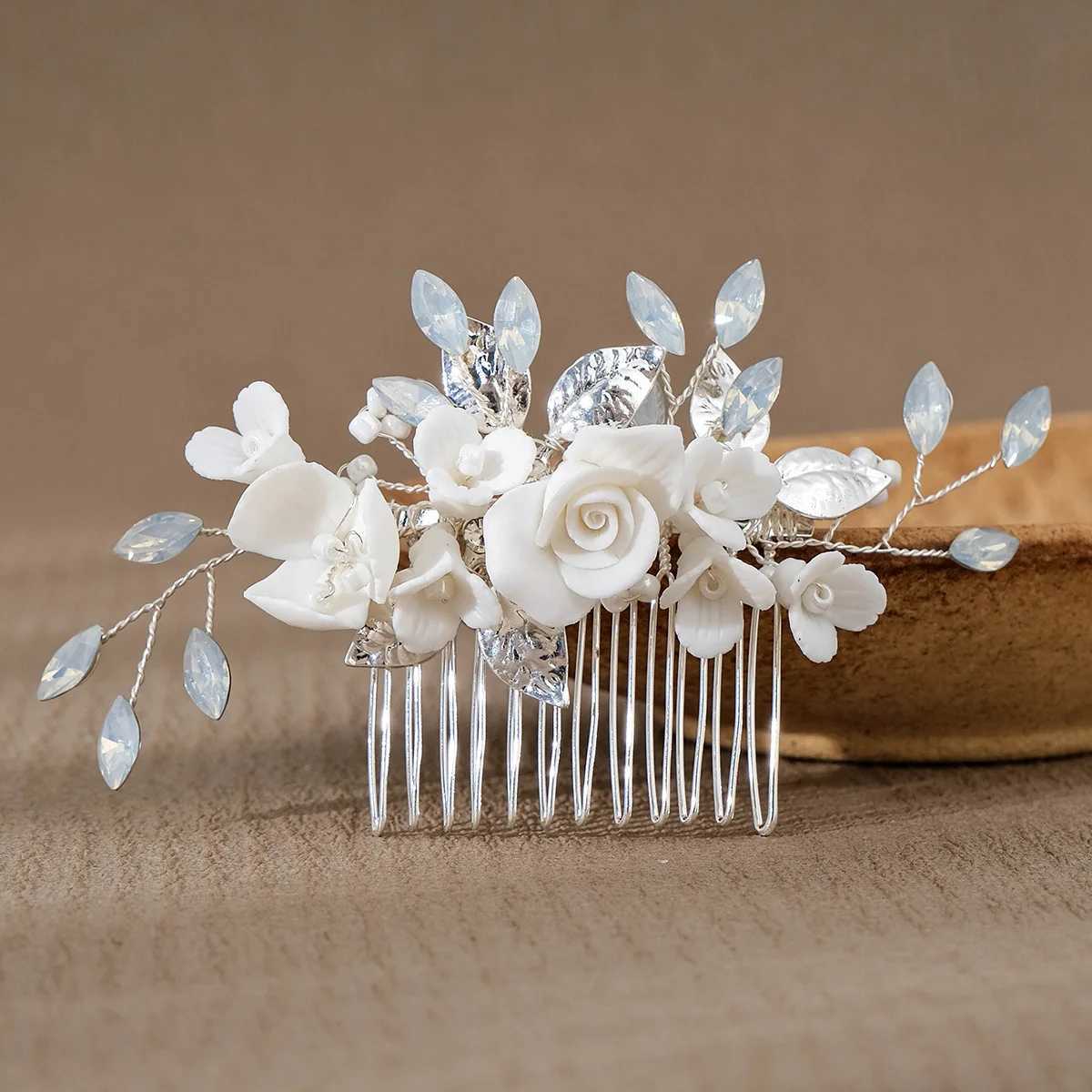 White Ceramics Flower Hair Combs Bride Wedding Hairpins Side Clips Pearl Headpiece Rhinestone Women Hair Jewelry AccessoriesX240913