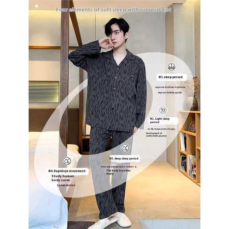 2pcs/Set Long-Sleeved Middle-Aged And Elderly Pajamas Mens Fall And Winter Casual Plus Size Black Mens Pajamas Homewear Breath Y240913